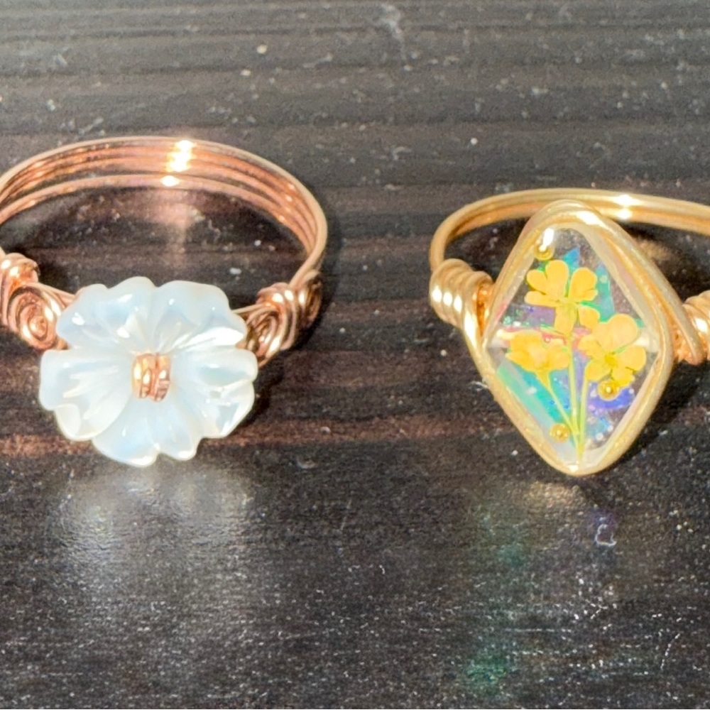 Rose Gold Floral Resin Ring and white mother of pearl hibiscus ring